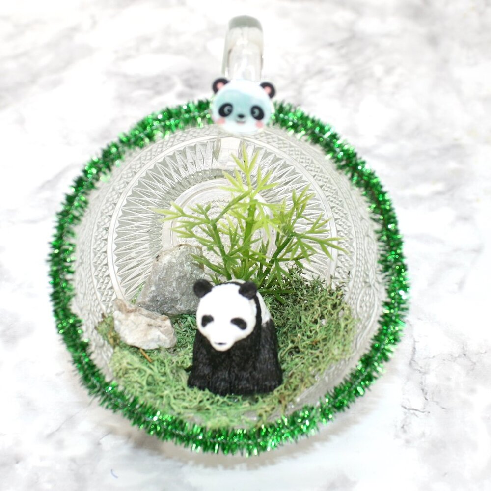 HAND CRAFTED Panda Bear Spring Decor Ornament Upcycled Cup Bamboo Green